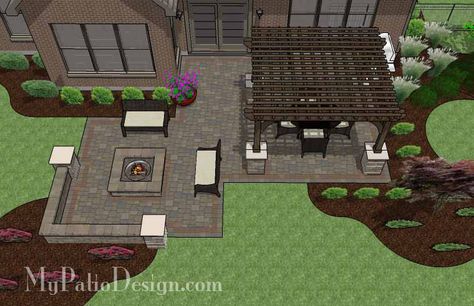 Fun Fire Pit Patio Design with Pergola | 560 sq ft | Download Installation Plan, How-to's and Material List @Mypatiodesign.com Frontyard Landscape, Patio Plan, Diy Patio Ideas, Landscape Planning, Landscape Backyard, Landscape Layout, Patio Plans, Design Backyard, Patio Grande