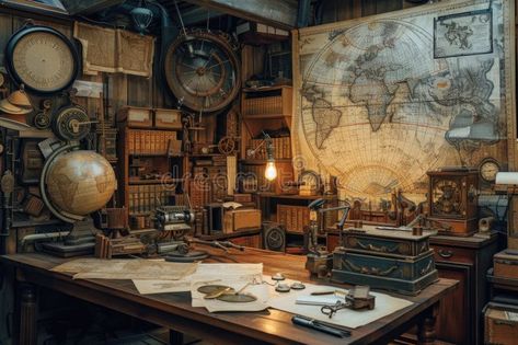 Vintage Explorer&#x27;s Study Room with Antique Map. Resplendent. stock image Vintage Explorer, Historical Documents, Old Maps, Wooden Desk, Antique Map, Study Room, Stop Motion, Compass, Motion