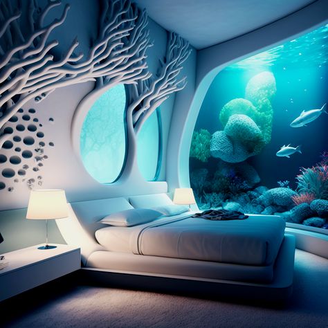 Underwater Bedroom, Underwater Room, Modern Minimalist Interior Design, Underwater Hotel, Ocean Themed Bedroom, Underwater House, Aquascape Design, Magical House, Futuristic Building