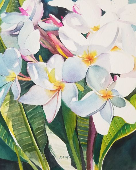 One-of-a-kind Coastal Watercolor Art by Nancy Jones. "Plumeria Bundle" features plumerias basking in the afternoon sun. Based on a photo I took in my home state of Florida. 8x10 Digital Print Flores Plumeria, Art Mini Toile, Watercolor Flowers Tutorial, Canvas Art Projects, Cat Air, 수채화 그림, Simple Acrylic Paintings, Flower Art Painting, Mini Canvas Art