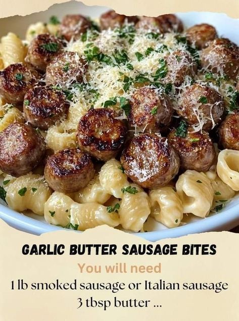 The Pioneer Woman_Ree Drummond � "Recipes" | GARLIC BUTTER SAUSAGE BITES WITH CREAMY PARMESAN PASTA | Facebook Garlic Butter Sausage Bites With Pasta, Garlic Butter Sausage Bites, Garlic Butter Sausage, Creamy Parmesan Pasta, Sausage Bites, Ree Drummond Recipes, Cast Iron Skillet Recipes, Pasta Ingredients, Creamy Parmesan