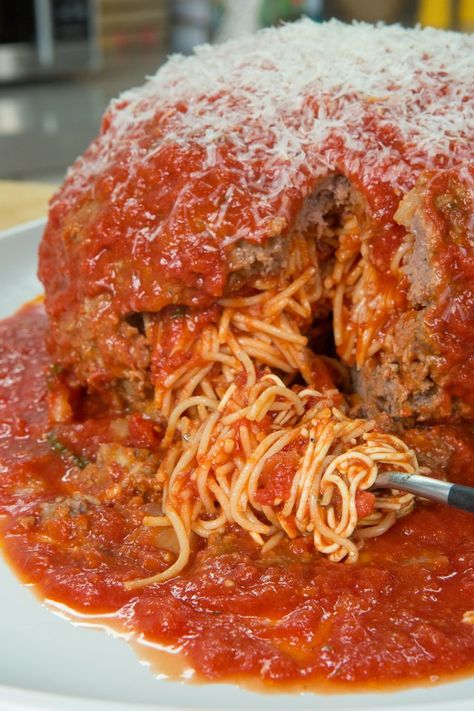 A Whole New Spin on the All-Time Classic Spaghetti and Meatballs Giant Meatball, Italian Meals, Pasta Dinners, Giant Food, Spaghetti And Meatballs, Goulash, Pasta Dish, Ground Meat, Meatball Recipes