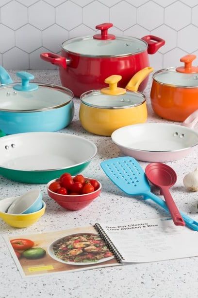 Best Cookware From Walmart 2022 Colorful Cookware, Colorful Pots And Pans, Anyday Cookware, Ceramic Cookware Set Target, Le Creuset Cookware 20 Piece Set One Day Sale For 29.99, Kitchen Gear, Pyrex Glass, Cookware Sets, Kitchen Aid Mixer