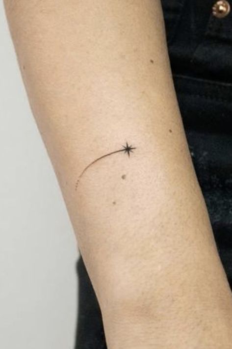 Small Star Tattoos On Hand, Stars Outline Tattoo, Minimal North Star Tattoo, Space Wrap Around Tattoo, Glitter Star Tattoo, Fine Line Solar System Tattoo, Cute Tattoos Stars, Minimalist Constellation Tattoo, Wish Upon A Star Tattoo