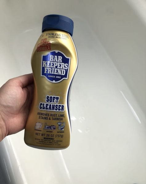 Use Bar Keepers Friend Soft Cleanser to Clean Enamel | Kitchn Enamel Sink, Porcelain Tub, Cleaning Cabinets, Bar Keepers Friend, Bar Keeper, Tub Cleaner, Stainless Steel Pot, Easy Work, Stainless Steel Cleaning