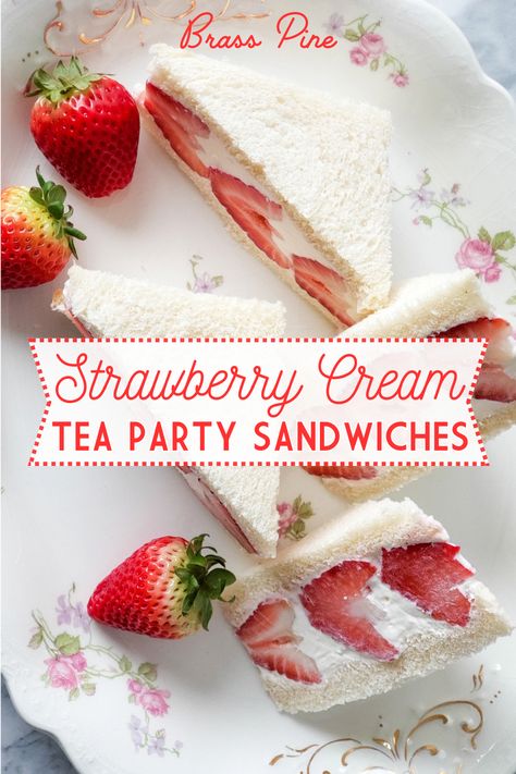 These Strawberry Cream Sandwiches are a delicious treat and a must-have snack for your spring Tea Party, Bridal Shower, or Mother’s Day Brunch. Loaded with thick sweet creamy filling and fresh strawberries you can’t go wrong with these delightful sandwiches. Strawberry Tea Sandwiches Recipe, Diy Tea Sandwiches, English Tea Party Sandwiches, Asian Tea Party Food, Easy Tea Party Food Finger Sandwiches, Mother’s Day Snack, Tea Party Must Haves, Tea Party Baked Goods, Yea Party Snacks