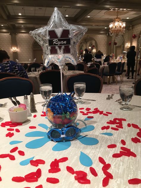 High school Swim Banquet Centerpiece Swim Team Party Centerpieces, Swim Banquet Ideas High Schools, Swimming Decorations Ideas, High School Banquet Centerpieces, Swim Banquet Decorations, Swim Centerpieces Banquet, Swim Centerpieces, Swim Team Banquet Ideas, Swim Banquet Ideas