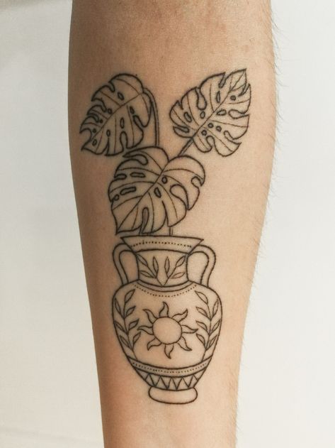 Monstera Leaves Tattoo, House Plant Tattoo, Fine Line Tattoo Designs, Line Tattoo Designs, Fine Line Tattoo Ideas, Black Line Tattoo, Abstract Tattoo Ideas, Leaves Tattoo, Artsy Tattoos