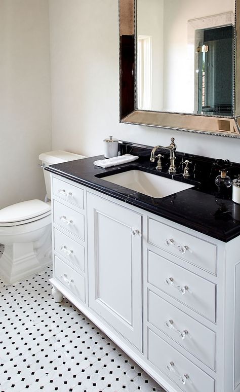 White Vanity Dark Countertop, White And Black Vanity Bathroom, Bathroom White Vanity Black Countertop, Black Top Bathroom Vanity, White Bathroom Vanity With Black Top, White Vanity Black Top, White Vanity With Black Countertop, Black Vanity Top Bathroom, White Cabinets Black Granite Bathroom