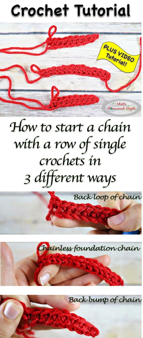 How to start a chain with a row of single crochet in three ways - Crochet Tutorial by Nicki's Homemade Crafts How To Crochet For Beginners, Crochet Chain Stitch, Easy Knitting Projects, Crochet Chain, Crochet Tips, Knitting Blogs, Crochet Stitches For Beginners, Crochet Stitches Tutorial, Crochet Instructions