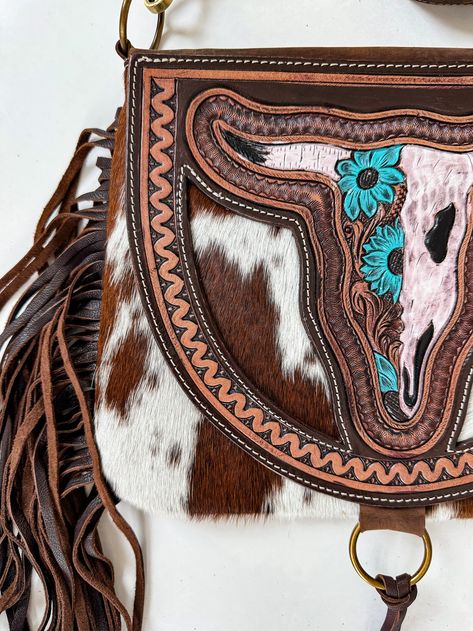 THE CAROLINE CROSSBODY Steer Longhorn Cowhide Western Tooled Leather Hair on Hide Fur Purse Messenger Fringe Cowhide Bag - Etsy Cow Purse, Saddle Pouch, Cowhide Purse, Western Clothes, Fur Purse, Leather Craft Patterns, Tooled Leather Purse, Cowhide Bag, Leather And Canvas