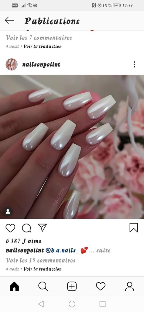 Pearl Chrome Wedding Nails, Pearl White Acrylic Nails Coffin, White Chrome Nails Ballerina, Pearl Chrome Nails Coffin, White Mettalic Nails, White Chrome Coffin Acrylic Nails, Milky White Crome Nails, White Chrome Valentine Nails, White Glass Nails