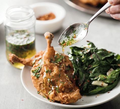 Fried Duck Confit with Eucalyptus Honey &  Mustard Greens Duck Leg Recipes, Fried Duck, Crispy Duck, Andrew Zimmern, Almond Chicken, Duck Confit, Honey Sauce, French Recipes, Duck Recipes