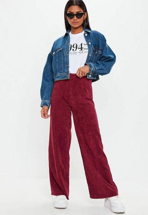 Missguided Burgandy Cord Wide Leg Pants Red Velvet Pants Outfit, Red Trousers Outfit, Velvet Pants Outfit, Maroon Pants Outfit, Red Velvet Pants, Corduroy Pants Outfit, Red Wide Leg Pants, Maroon Pants, Wide Leg Pants Outfit