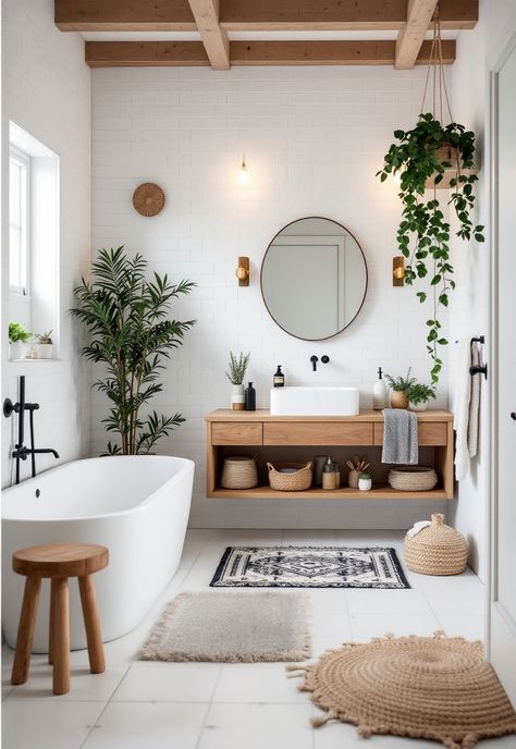 Scandi Boho Decor Scandi Style Bathroom Ideas, Boho Primary Bathroom, Natural Minimalist Bathroom, Coastal Minimalist Bathroom, Scandi Boho Interior Design, Boho Ensuite, Scandi Boho Bathroom, Bad Boho Style, Scandi Style Bathroom