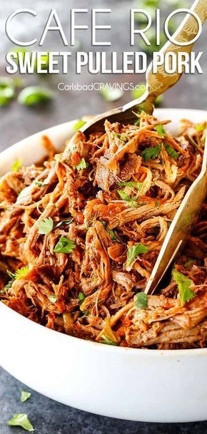 You've never had sweet pulled pork like this Cafe Rio Sweet Pork Copycat! Layers of spices, salsa, enchilada sauce and green chilies - melt in your mouth tender and perfect for tacos, salads, burrito bowls, etc. Perfect to make ahead for meals or for crowds and super simple! via @carlsbadcraving Sweet Pulled Pork, Cafe Rio Sweet Pork Recipe, Sweet Pork Recipe, Pork Pulled, Cafe Rio, Sweet Pork, Crockpot Pulled Pork, Carlsbad Cravings, Easy Bbq