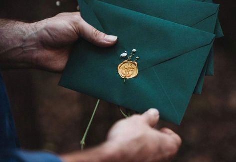 green wedding invitations with gold wax seal and pressed flowers Green Envelopes, Green Wedding Invitations, Wax Seal Stamp, Seal Stamp, Gothic Wedding, Put A Ring On It, Green Wedding, Deep Green, Wax Seals