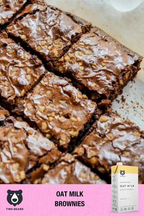 Deliciously thick and fudgy Vegan oat milk Brownies recipe made without butter, milk or eggs. We use Two Bears oat milk for consistency and taste, and the oat milk and flour stand-in for the milk and eggs. Butter is replaced with oil and, of course, melted chocolate. You're gonna love these. Cooking With Oat Milk, Dessert Recipes Using Oat Milk, Recipes That Use Oat Milk, Oat Milk Baking Recipes, Oat Milk Recipe Desserts, Baking With Oat Milk, Things To Make With Oat Milk, Oat Milk Dessert, Recipes Using Oat Milk