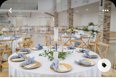 Dusty Blue Circle Table, Dusty Blue And Gold Wedding Table, Blue And Tan Wedding Decor, Gold And Blue Wedding Centerpieces, Light Blue And Gold Wedding Reception, Blue And Gold Wedding Table Decor, Dusky Blue And Gold Wedding, Dusty Blue And Brass Wedding, Blue And White Wedding Indoor