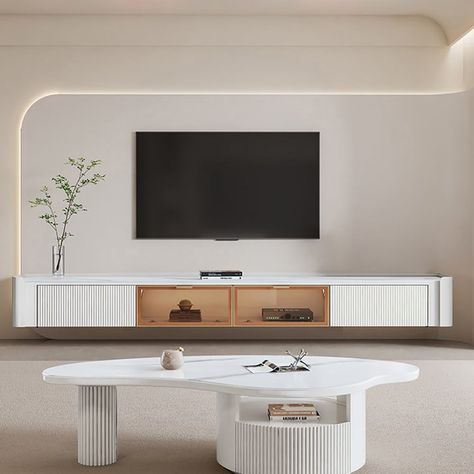 Minimal Tv Wall Design, Elegant Tv Wall Design, Fluted Tv Stand, Curved Tv Wall, Tv Stand Inspiration, Wall Mounted Tv Decor, Tv Stand Luxury, Tv Console Design, Tv Feature Wall