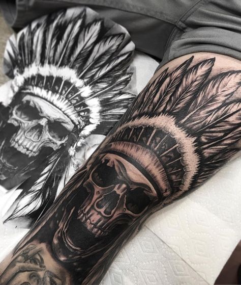 Black and Grey Tattoos by Tattoo Artist Oscar Morales Back Skull Tattoo, Skull Tattoo Arm, Human Skull Tattoo, Indian Headdress Tattoo, Man Arm, Pirate Skull Tattoos, Indian Skull Tattoos, Headdress Tattoo, Mangas Tattoo