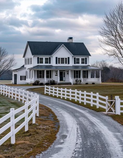 White House With Long Driveway, Two Story White House, Nice Country Houses, Remodel Old Farmhouse, Renovating Old Farmhouse, White And Black Houses, White Barn House, Black And White Farmhouse Exterior, Farmhouse Ideas Exterior