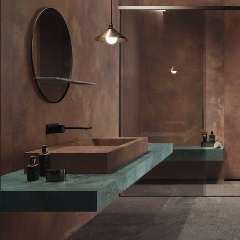 Metallic Tiles Bathroom, Mint Bathroom, Metallic Wall Tiles, Mountain Interiors, Copper Interior, Copper Tiles, Copper Bathroom, Finished Bathrooms, Wood Interior Design