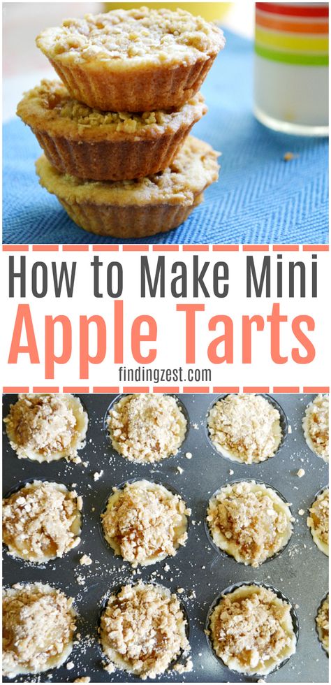 These mini apple tarts are ridiculously delicious and easy! They feature a sugar cookie bottom, apple pie filling and oatmeal crumb topping - a winning combination! This apple tart recipe is a great way to use the mini Wilton tart pan. Mini Apple Pie With Crumb Topping, Small Apple Pie Tarts, Apple Tartlets Mini, Small Apple Tarts, Apple Crumb Tart, Easy Apple Tarts Simple, Mini Apple Crisp Tarts, Apple Crisp Tarts, Apple Tarts Mini