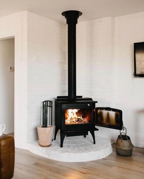 Wood Burning Stove Corner, Corner Wood Stove, Wood Stove Hearth, Wood Burning Stoves Living Room, Wood Stove Fireplace, Home Fireplace, Wood Burner, Fireplace Mantle, Fireplace Design