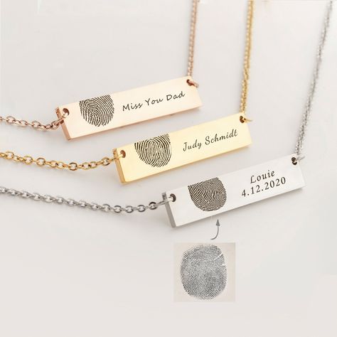 "Personalized Custom Actual Fingerprint Bar Necklace This necklace is custom engraved with yours or your loved one's actual fingerprint on a bar necklace. The engraved fingerprint is laser engraved to the left of the bar pendant. Personalized fingerprint jewelry makes thoughtful gifts for special occasions such as birthdays, anniversaries, weddings, and funerals. Fingerprint necklaces also makes great memorial necklaces for friends and family that have just suffered a loss. The bar necklace and Laser Engraved Necklace, Engraved Pendant Necklace, Laser Engraving Jewelry Ideas, Engraved Jewelry Ideas, Xtool F1, Thumbprint Necklace, Customised Jewellery, Friend Drawings, Personalized Engraved Jewelry