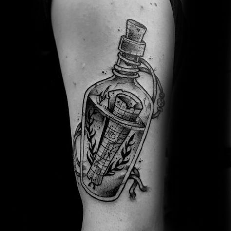 40 Message In A Bottle Tattoo Designs For Men - Manly Ink Ideas Note In A Bottle Tattoo, Letter In A Bottle Tattoo, Pirate Bottle Tattoo, Message In A Bottle Drawing, Bottle Tattoo Design, Message In A Bottle Tattoo, Ship In A Bottle Tattoo, In A Bottle Tattoo, Beer Tattoos