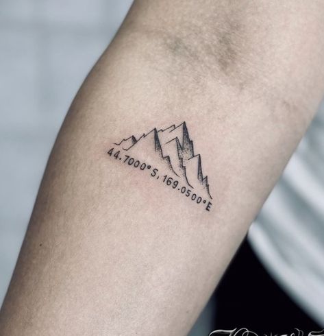 Idaho Inspired Tattoo, K2 Mountain Tattoo, Matching Tattoos Mountains, Mountain Coordinates Tattoo, Simple Colorado Tattoo, Go Rest High On That Mountain Tattoo, Mountain Tattoo With Coordinates, Mount Rainer Tattoo, Sierra Nevada Mountains Tattoo