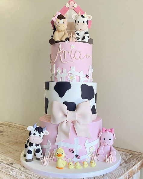 Pink Barnyard Cake Ideas, 2 Farm Birthday, Pink Farm Cake Topper, Cow Farm Birthday Party, Pink Farm Cake 2nd Birthday, Pink Farm First Birthday, Pink Farm Animal Cake, Pink Farm Animal Birthday Cake, Farm Theme 1st Birthday Girl