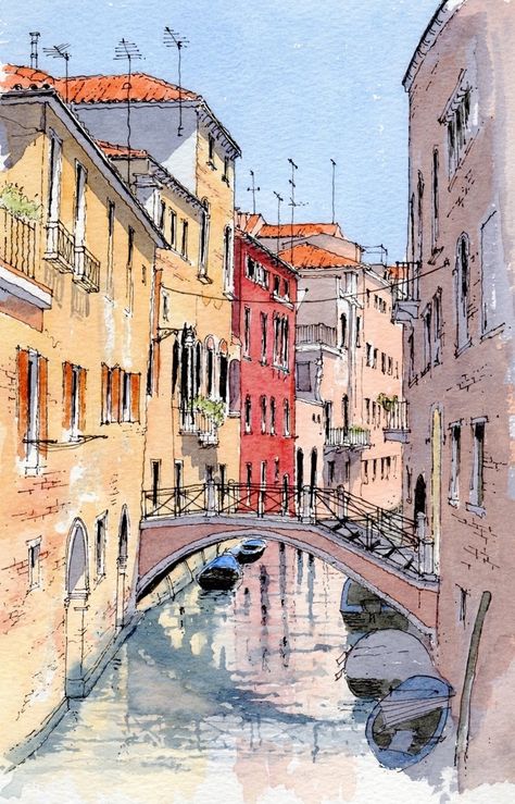 Easy Watercolor Landscape, Landscape Painting Ideas, Venice Bridge, Venice Painting, Watercolor Architecture, Easy Canvas Painting, Watercolor Paintings Easy, 수채화 그림, Watercolor Landscape Paintings