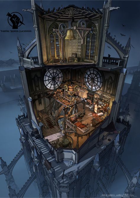 "Vampire Hunter-Clocktower" by Horia Gabriel Andrei Clocktower Concept Art, 2d Concept Art, Curio Shop, Vampire Hunters, Hunter Room, Storybook Homes, Gothic Fantasy Art, Rpg Map, Building Concept