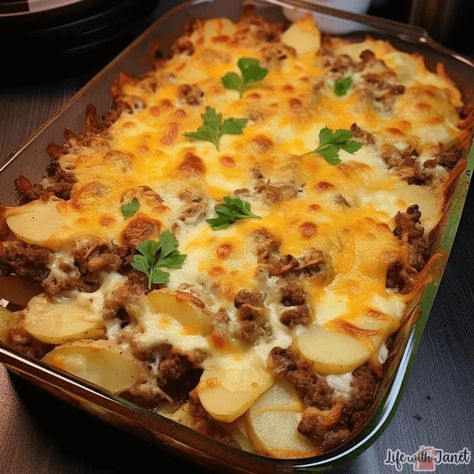 Meat and Potato Casserole Layered Hamburger Potato Casserole, Cajun Shrimp Scampi Recipe, Meat And Potato Casserole, Cajun Shrimp Scampi, Hamburger Casseroles, Hamburger Potato Casserole, Potatoes Casserole, Hamburger And Potatoes, Cream Soups