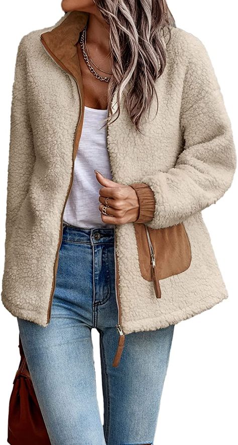 Loving this color combination - great for fall to spring. The oversize look is onpoint. Winter Style Panel Jacket, Plush Coat, Womens Sweatshirts Hoods, Patchwork Jacket, Sherpa Jacket, Winter Coats Women, Casual Coat, Casual Jacket, Outerwear Women