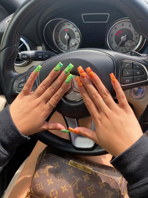 Orange And Green Acrylic Nails, Orange And Green Nails Acrylic, Green And Orange Nail Designs, Orange And Green Nail Designs, Orange Green Nails, Green Abstract Nails, Yellow And Orange Nails, Green And Orange Nails, Orange And Green Nails