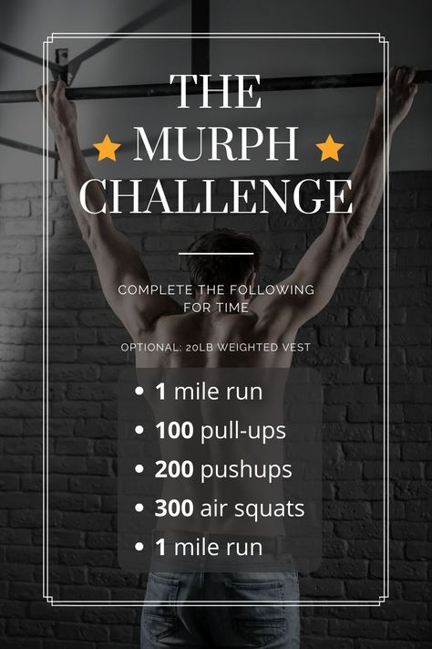 The Murph Challenge is a legendary workout designed to test your body and mind. Originally a preferred workout of LT. Michael Murphy, Murph has become one of Crossfit's toughest challenges (a Hero WOD). This deceptively simple workout is both brutal and rewarding. It requires no gear, making it an ideal quarantine workout. #quarantineworkout #murphchallenge #exercise #fitness #bodyweight Murph Crossfit Workout, Mini Murph Workout, Murph Workout Crossfit, The Murph Workout, Hero Workouts Crossfit, Modified Murph Workout, Murph Prep Workouts, Murphy Workout, Hyrox Workout