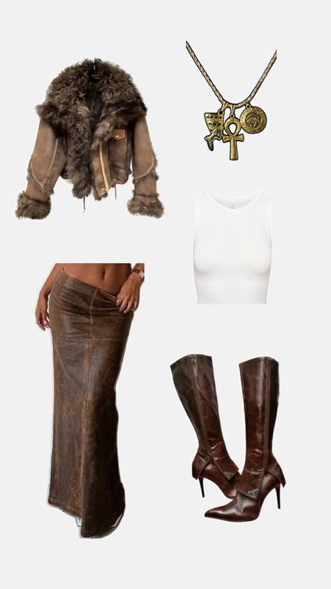 cute y2k leather outfit moment Classy Y2k, Y2k Outfits Skirt, Brown Leather Outfit, 2000s Leather Skirt Outfit, Y2k Style Fitted Brown Skirt, Brown Fur Boots Outfit Y2k, 2000s Fashion Outfits Casual, Y2k Fashion Leather Jacket, Y2k Style Leather Shoulder Bag