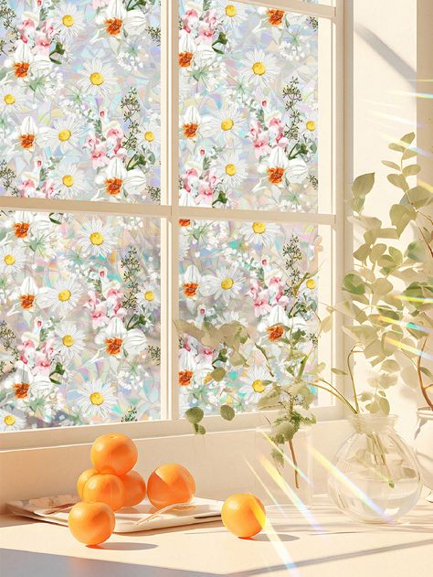 Multicolor  Collar  PVC Plants  Embellished   Home Decor Flower Window Stickers, Glass Window Sticker, Flower Window, Watercolor Floral Pattern, Bedroom Window, Window Films, Peony Flowers, Bedroom Windows, Window Decoration