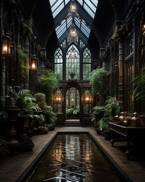 Black Manor Aesthetic, Gothic Solarium, Gothic Mansion Bedroom, Black Victorian House Interiors, Fantasy Mansion Art, Gothic Courtyard, Small Gothic House, Gothic House Aesthetic, Gothic Conservatory