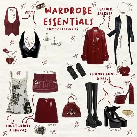 Rockstar Girlfriend Essentials, Rock Core Outfit, Rockstar Gf Essentials, Rockstar Girlfriend Accessories, Female Rockstar Aesthetic Outfits, Dark Red Aesthetic Outfit, Rockstars Girlfriend Outfits, Rockstar Girlfriend Aesthetic Outfits, Cherry Outfit Ideas