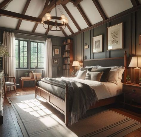 Home Decor Styles  Find Your Perfect Match 1920s House Interior Master Bedrooms, English Tudor Bedroom, Dark English Bedroom, Tudor Bedroom Ideas, Modern Tudor Bedroom, Mahogany Bedroom Ideas, Interior Arch Design, Tudor Bedroom, Brussels House