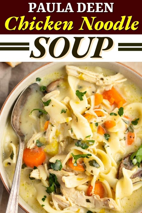 This Paula Deen chicken noodle soup tastes just like the one your mom used to make. Salty, meaty, and loaded with veggies, it's pure nostalgia in a bowl. Chicken Noodle Soup Seasoning Recipe, Chicken Noodle Veggie Soup, Paula Deen Chicken Noodle Soup, Loaded Chicken Noodle Soup, Southern Chicken Noodle Soup, Homemade Creamy Chicken Noodle Soup, Paula Deen Chicken, Halloween Meals, Crockpot Chicken Noodle Soup