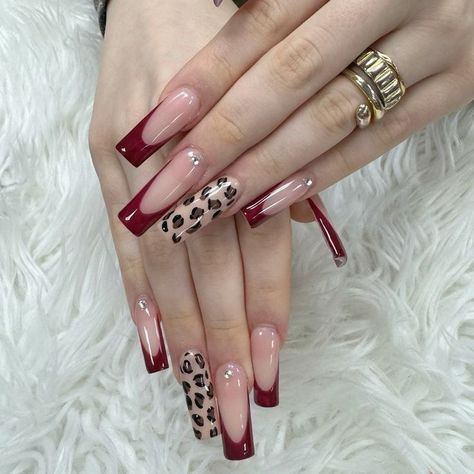 Red Nails Cheetah Print, Dark Red Leopard Print Nails, Cheetah Print Red Nails, Cheetah Print Nails With Red, Red Nails With Cheetah Print, Red And Cheetah Print Nails, Red Lepord Print Nail, Red Nails With Leopard Print, Leopard Red Nails