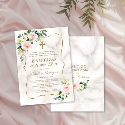 $2.2 | Blush Pink Floral Spanish 1st Birthday Baptism - bautismo y primer añito, girl bautizo primer anito, spanish latina baptism first birthday, watercolor pink floral 1st birthday, first birthday baptism blush flowers, gold floral 1st birthday baptism, trendy floral first birthday baptism, floral 1st birthday christening marble, blush floral 1st birthday baptism, bautizo primer cumple gold marble Primer Anito, Birthday Watercolor, 1st Birthday Invite, Spanish 1, Blush Flowers, Baptism Invitations, Birthday Invite, Gold Marble, Gold Floral