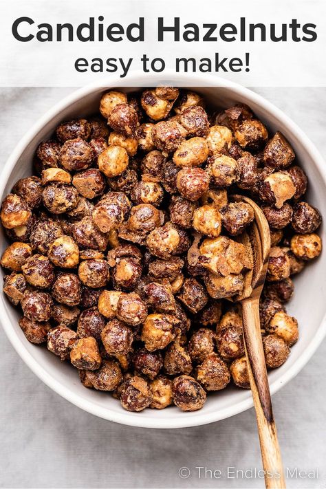 Add these simple candied hazelnuts to salads, treats, and savory dishes for a sweet and nutty crunch. They're easy to make and they're ready in 40 minutes! #theendlessmeal #candiedhazlnuts #hazelnuts #candiednuts #christmas #diy #nuts Candied Dates Recipe, What To Do With Hazelnuts Recipe, Roasted Hazelnut Recipes Savory, Fresh Hazelnut Recipes, Hazel Nuts Recipes, Hazelnut Recipes Healthy, Recipes With Hazelnuts Easy, Hazelnut Recipes Savory, Hazel Nut Recipes Food