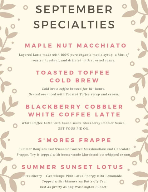 Coffee Shop Drink Specials Ideas, September Coffee Drinks, Coffee Drink Names Creative, November Coffee Drinks, Lotus Combos, Flavored Latte Recipes, Lotus Drink Ideas, Summer Coffee Drinks, Homemade Coffee Drinks