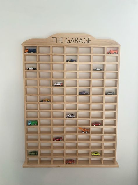 Car Wall Storage, Matchbox Car Display Ideas, Toy Room Car Storage, Hotwheel Storage Ideas, Diy Matchbox Car Storage, Car Toys Storage Ideas, Toy Car Wall Storage, Hot Wheel Car Storage, Matchbox Car Display